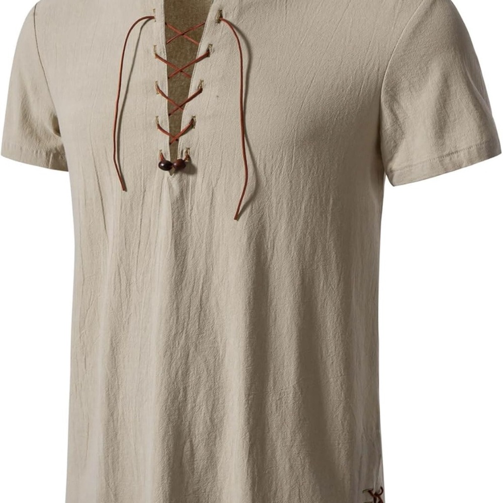 Men's Pure Cotton Vintage Short Sleeve Lace Up Shirts for Renaissance